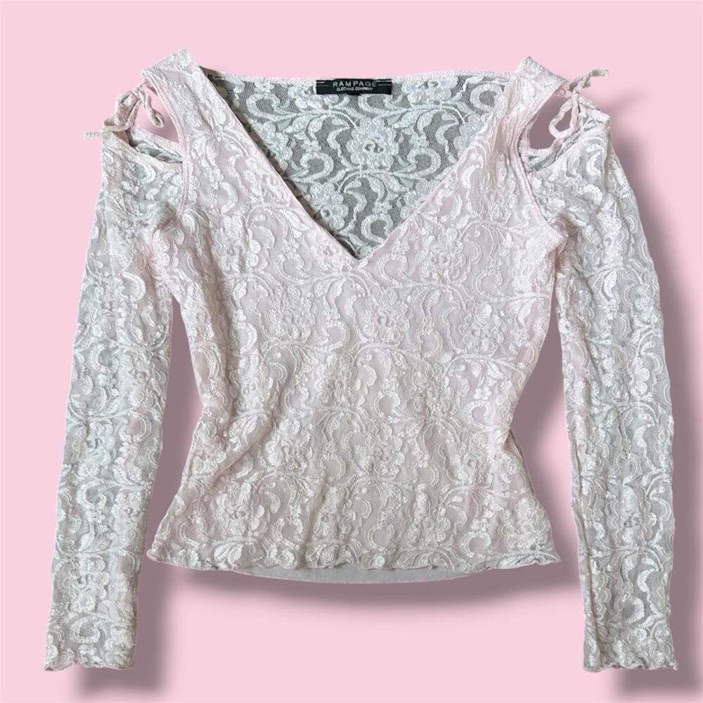 Y2K/90s Rampage light pink lace long sleeve top with bows on the shoulders